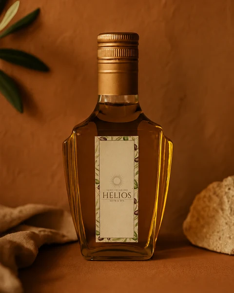 Bouteille aux couleurs d’Helios, entourée de feuilles d’olivier sur un fond terracotta.